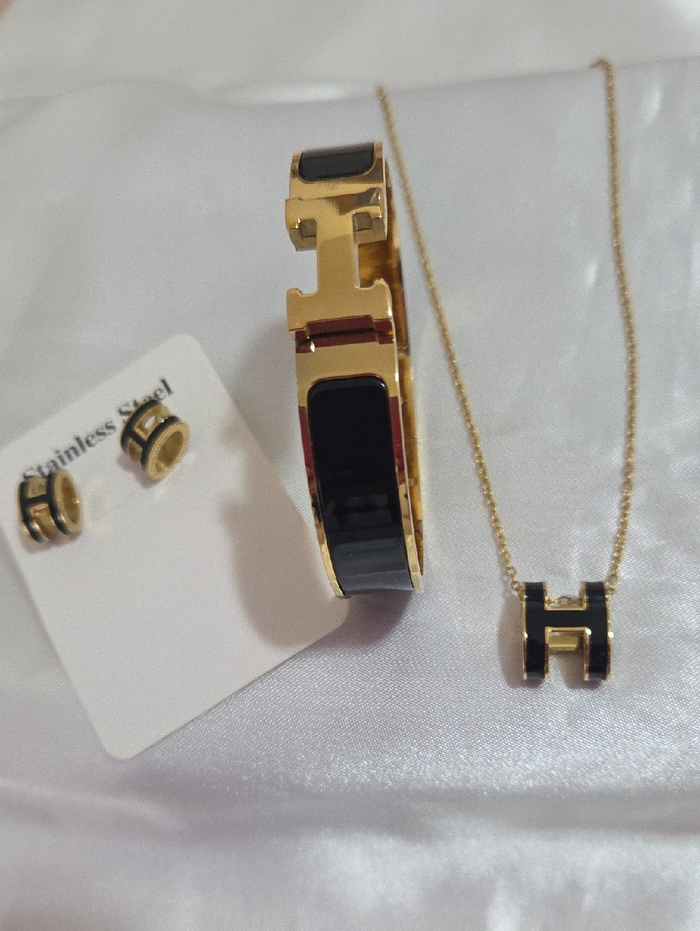 Hermes Style Gold Plated Stainless Steel Black Bracelet Jewelry Set
